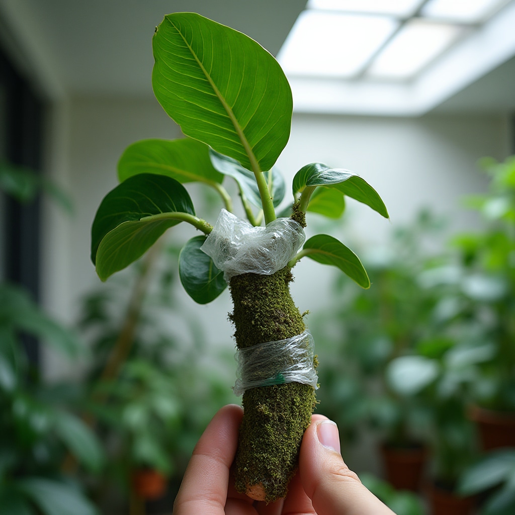 Acodo aéreo en rama de ficus con musgo húmedo