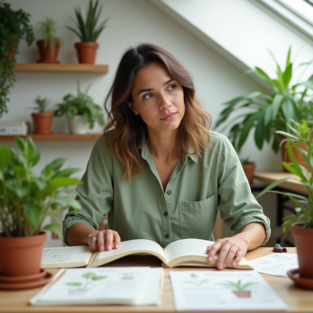 Persona estudiando materiales de propagación vegetal en mesa de trabajo