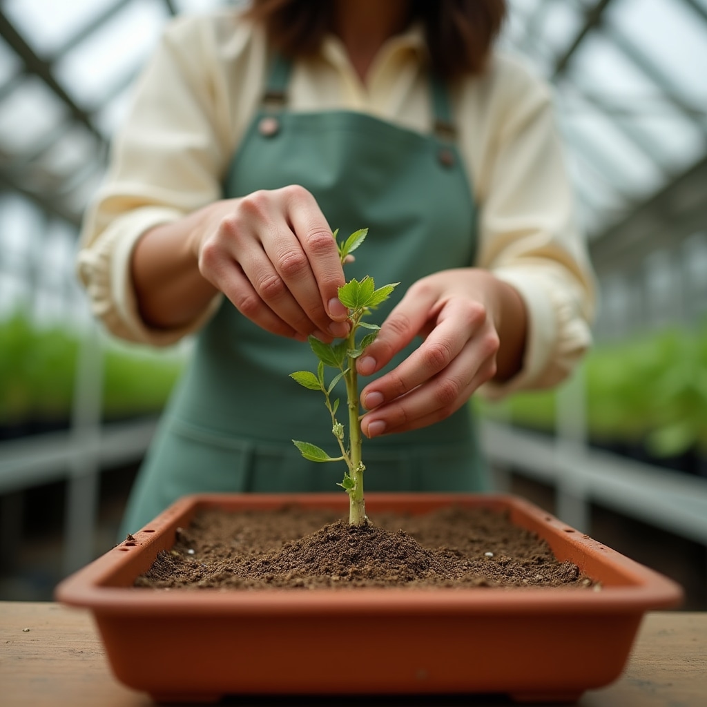 Manos trabajando con esquejes de plantas en un vivero